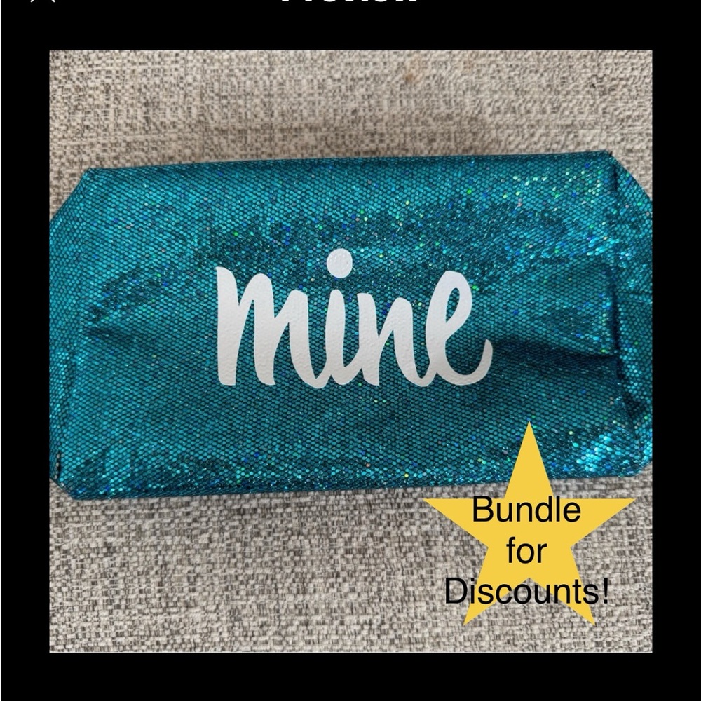Teal Glitter Pouch with 'Mine' Text